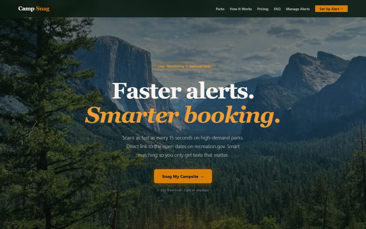 CampSnag home page: Faster alerts. Smarter booking.