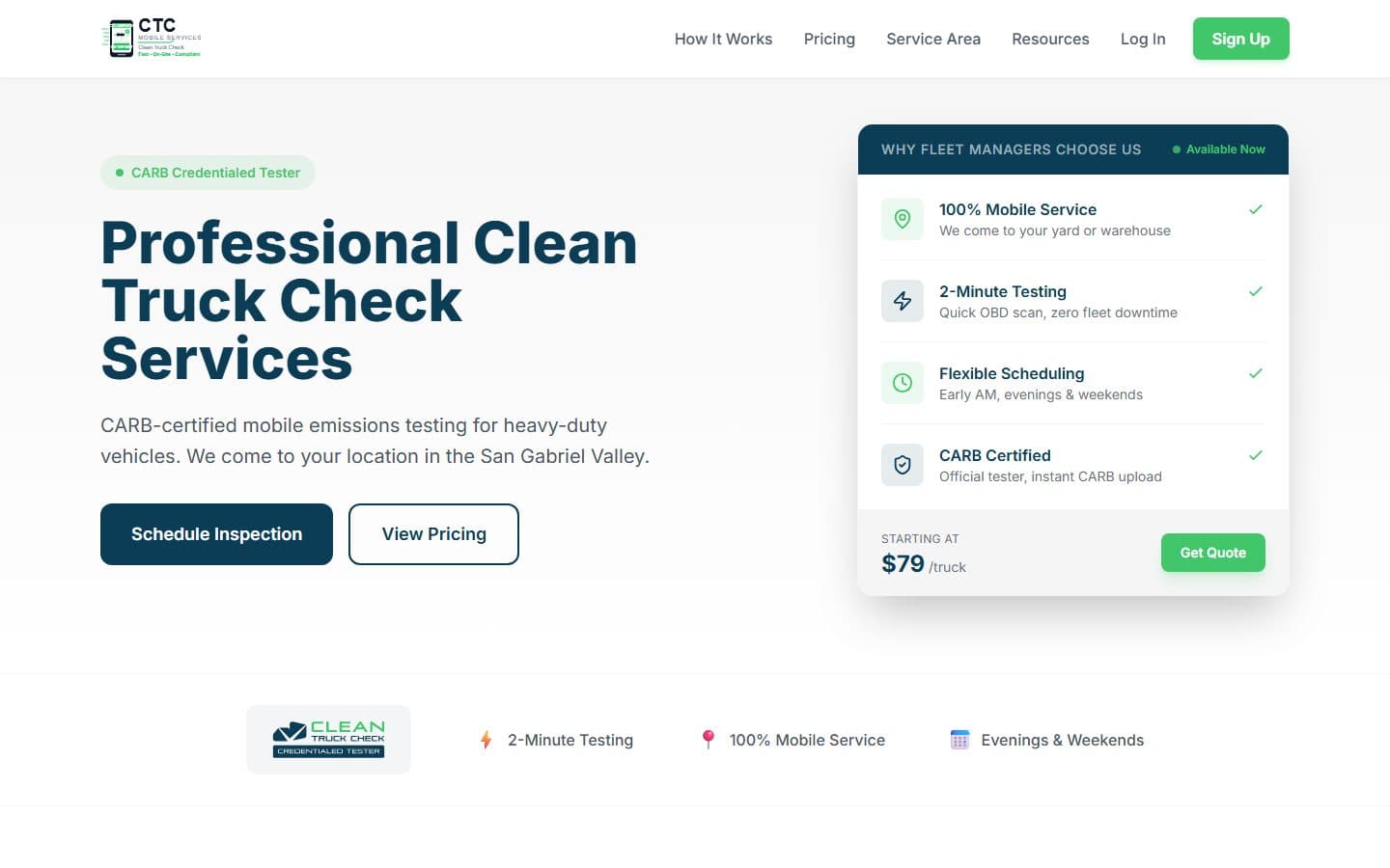 CTC Mobile Services home page: Professional Clean Truck Check Services, with pricing starting at $79 per truck