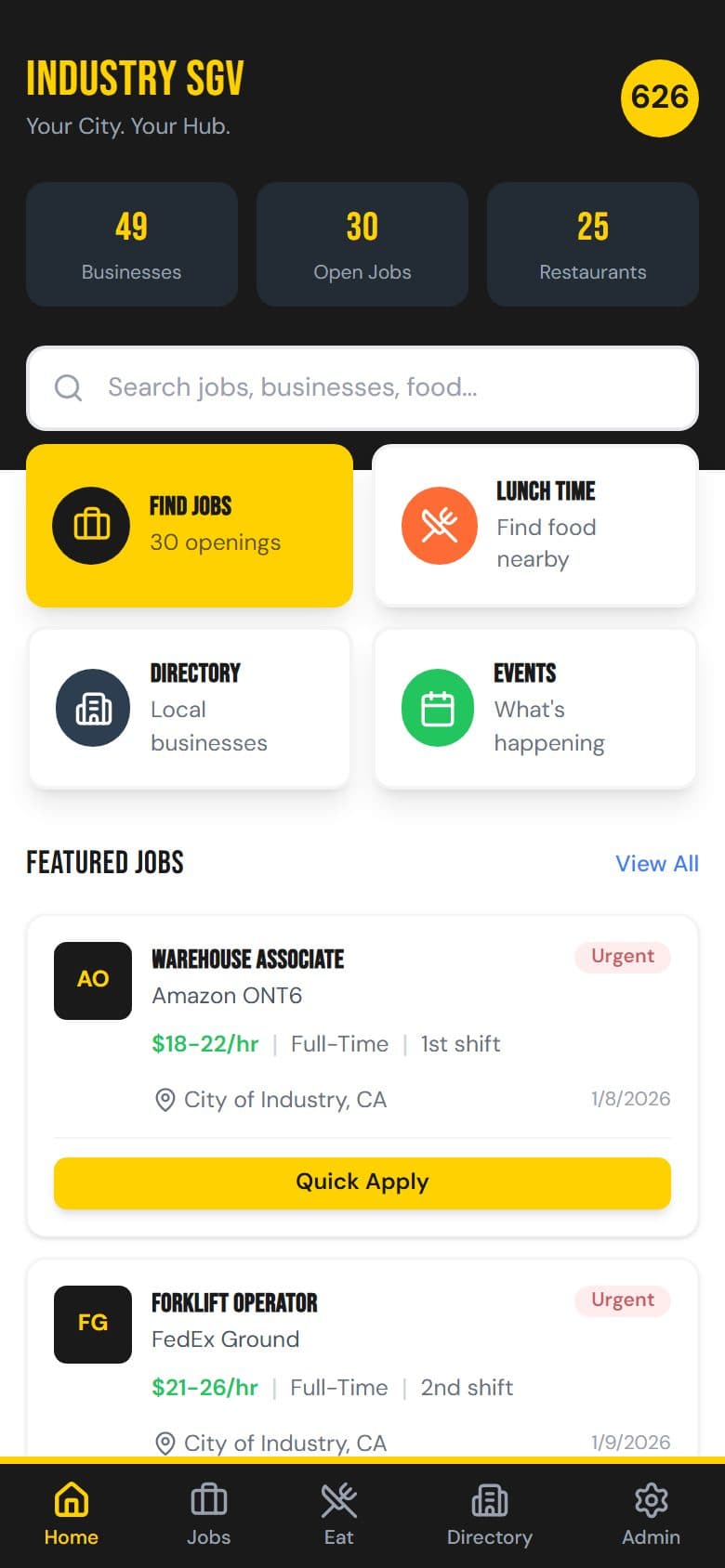 Industry SGV on a phone: job, restaurant and business counts with a search bar